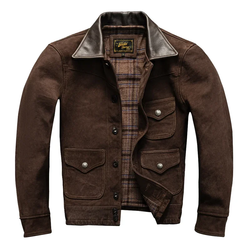 Uncoated Top Layer Sheepskin Leather Jacket Men's Classic Vintage Short Style Lapel Spring and Autumn Jacket