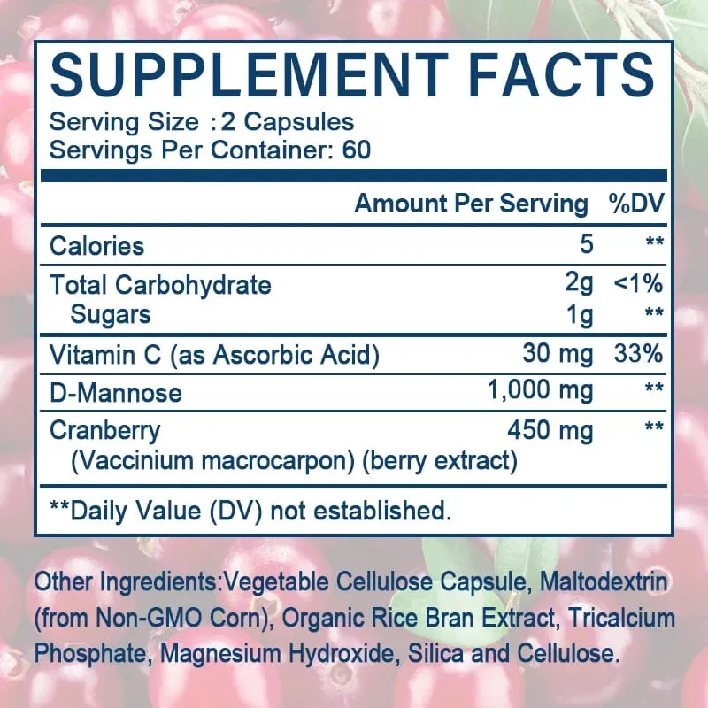 D-Mannose Capsules - with 1000mg Cranberry Extract - Cleanses Detoxifies Supports Urinary Tract Health — image 6
