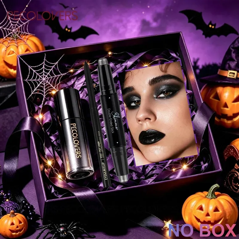 3 ΤΕΜ/ΣΕΤ ματ κραγιόν+μαύρο eyeliner+γυαλιστερό στυλό για σκιές ματιών που ταιριάζουν για να δημιουργήσετε ένα μακιγιάζ μαύρο πανκ τέλειο για αποκριές/πάρτι — image 2