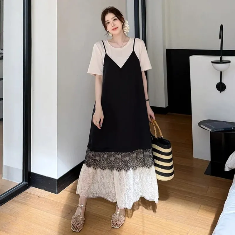 Νέα καλοκαιρινά γυναικεία φορέματα 2026 Loose Plus Size Συνονθύλευμα δαντέλα Vestidos Fake δύο τεμαχίων γυναικείο μπλουζάκι φόρεμα ρόμπα KE6690