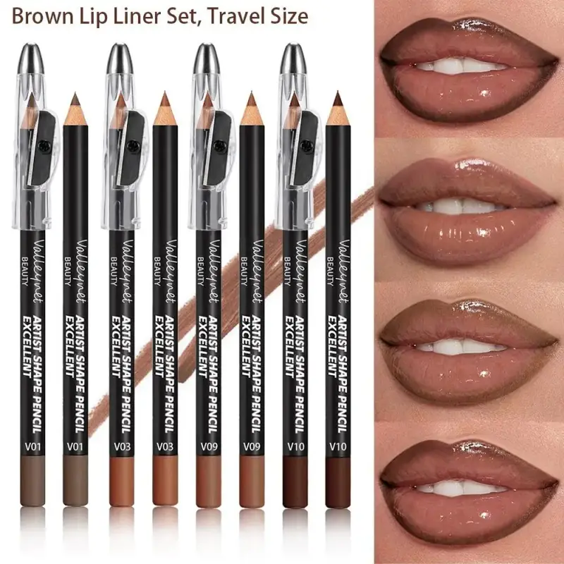 Σετ Lip Liner 4 Piece Brown Shades Ματ αδιάβροχο συμβατό με διάφορα lip glosses και κραγιόν φορητή τσάντα