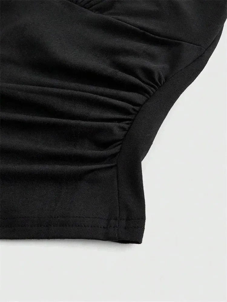Solid V-neck Backless Halter Crop Top for Women Summer Sexy Y2K Sleeveless Ruched Top Streetwear