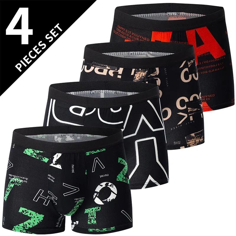 4 ชิ้นแฟชั่นผู้ชายพิมพ์ชุดชั้นในBreathable Crotch Boxersสำหรับวัยรุ่นสบายPlusขนาดชุดชั้นในได้ถึง 6XL.
