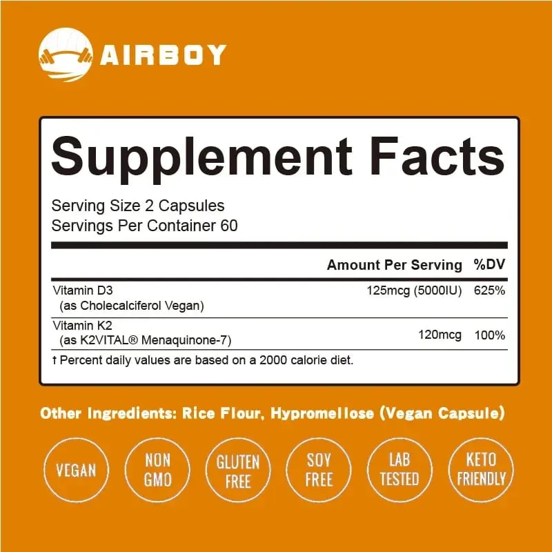 Vitamin D3+K2 Capsules - For Regulate Calcium Metabolism Promote Bone Heart and Immunity System Health