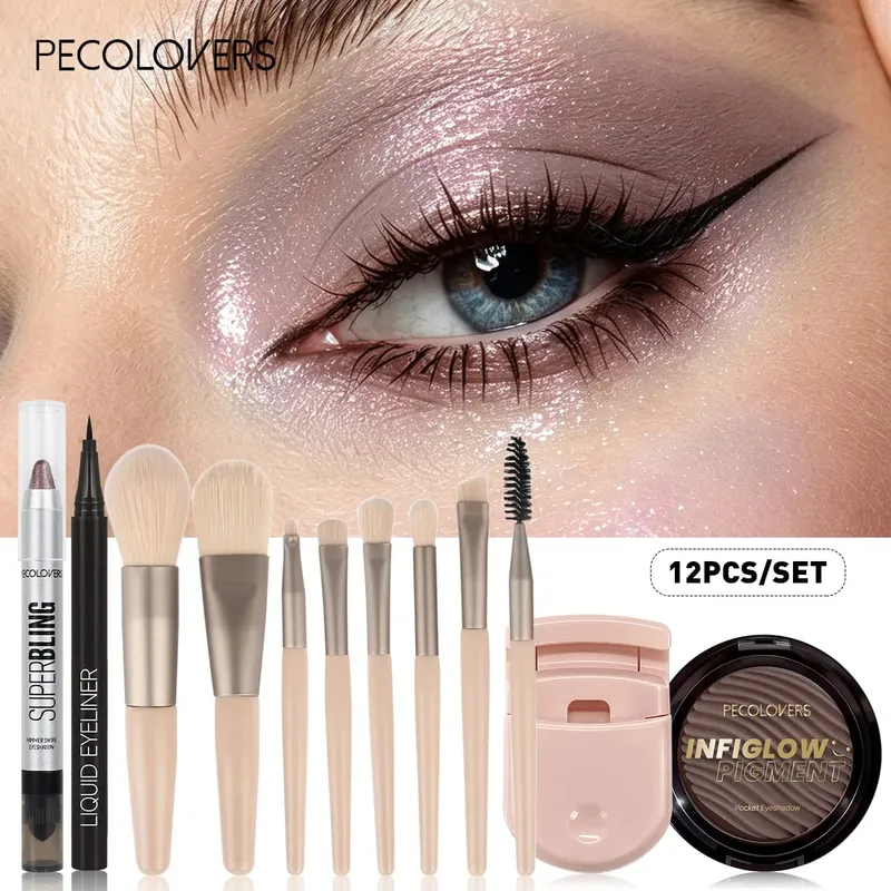 12PCS/SET Shimmer Eye Shadow Pen & Palette Liquid Eyeliner Lash Curler Eye Makeup Brushes Waterproof/Long Lasting — image 3