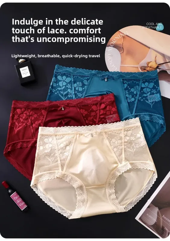 2 Pack Mens Mid Rise Satin Lace Briefs 3D Pouch Rhinestone Bow High Elastic Scalloped Trim Smooth