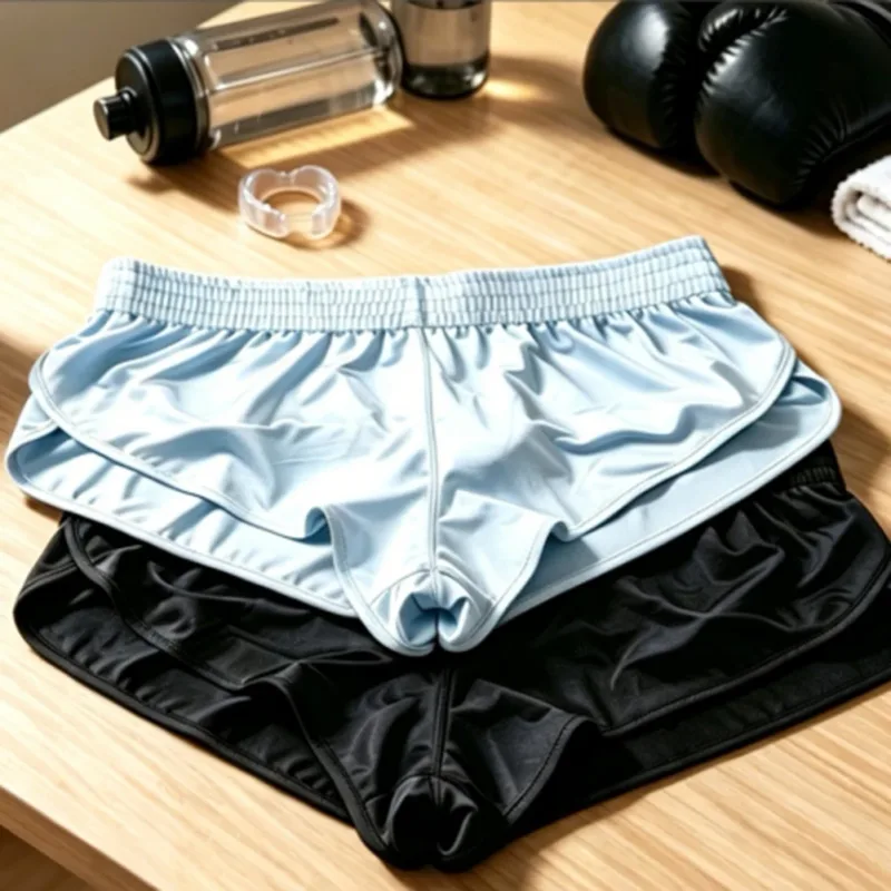 Men Satin Glossy Arrow Pants Split Side Boxer Shorts Sexy Underwear Loungewear Inner Jockstrap Mesh Pouch Sleep Bottoms