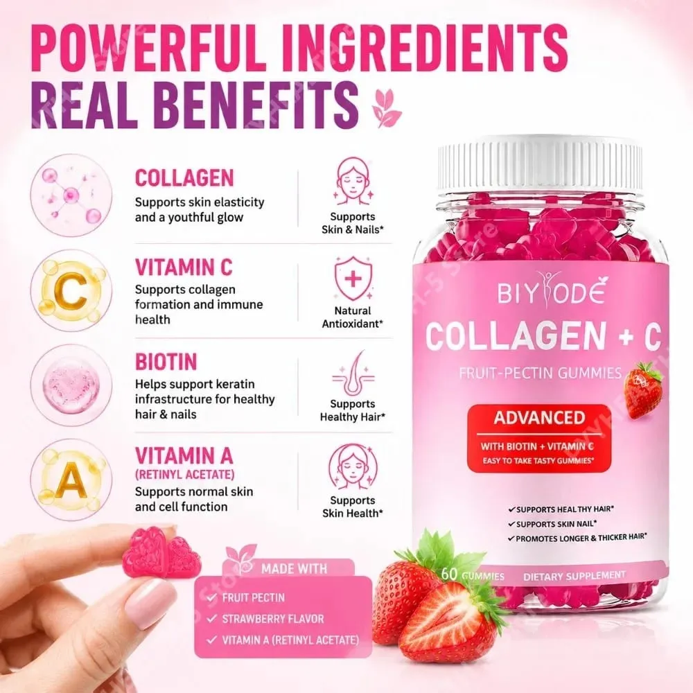 Collagen + C Fruit-Pectin Gummies with Vitamin C Natural Antioxidant Supports Healthy Hair and Skin & Nails 60 Gummies