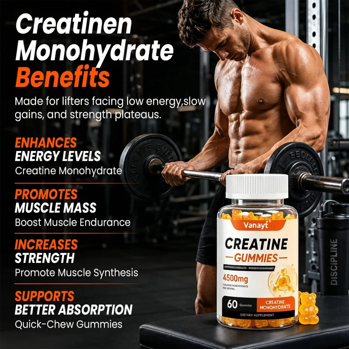 Creatine Monohydrate Gummies 4500mg - Boost Energy Build Muscle Mass and Improve Athletic Performance