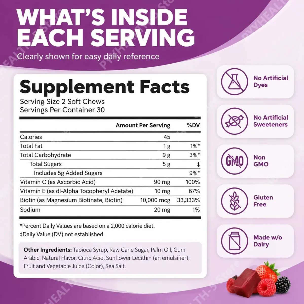 Συμπλήρωμα Biotin Hair Growth Soft Chews Support Fuller Thicker Hair Vitamin C & E for Healthy Hair Nourishment 60 Gummy — image 3