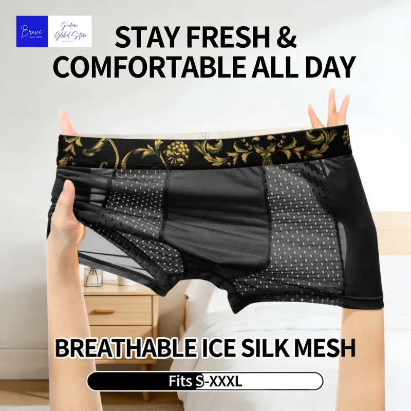 Men's Ice Silk BoxerBriefs Gold Floral Waistband Breathable Underwear Quick-Dry Skin-Friendly Sports Trunks Plus Size for Summer