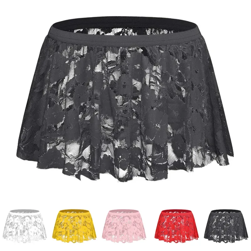 Men Solid Lace Skirt Mesh See Through For Lingerie Low For Rise Pleated Skirts See Through Bodycon Bottom For Party Evening