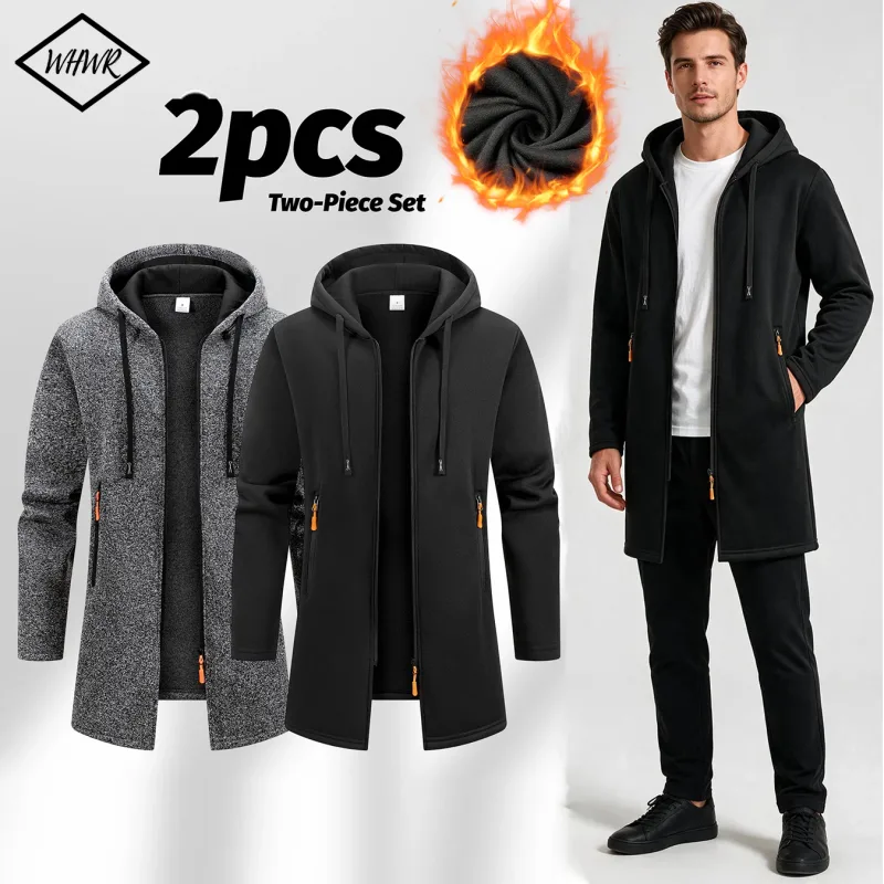 2Pcs 세트 남성 중간 길이 전체 지퍼 후드 자켓 양털 안감 따뜻한 코트와 Drawstring 후드 & 지퍼 포켓 캐주얼 겉옷 가을 겨울 데일리웨어