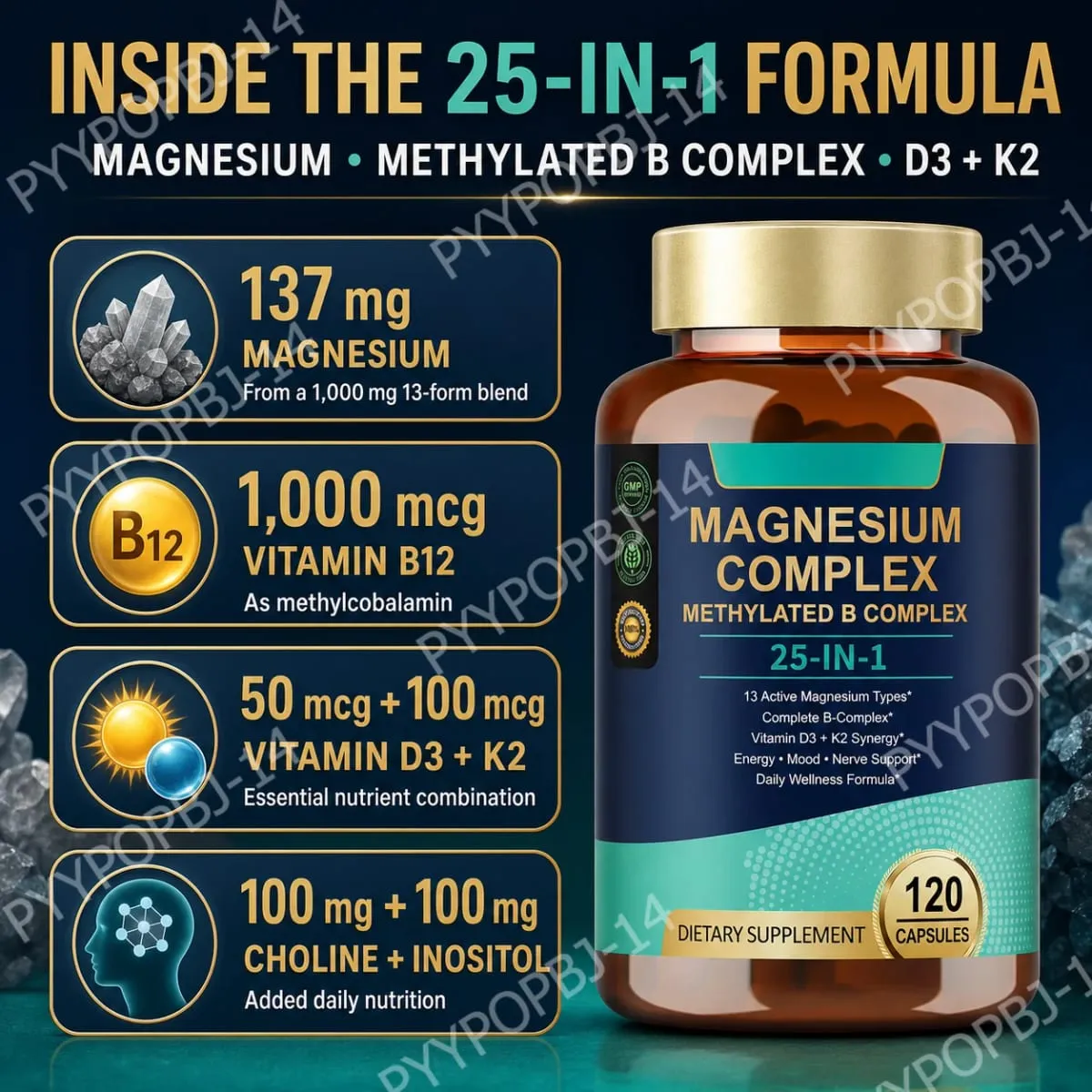 25-in-1 Magnesium Complex with Glycinate Citrate Malate Vitamin D3 K2 B12 Methylfolate for Relaxation Energy Nerve 120 Capsules — image 4