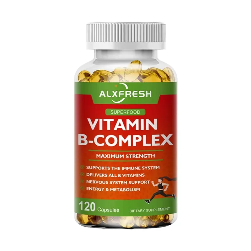 B-komplex vitamin-kiegészítők (B12 B1 B2 B3 B5 B6 B9 folsav és biotin) a stressz enyhítésére, hangulatra, immunrendszert támogató kapszula