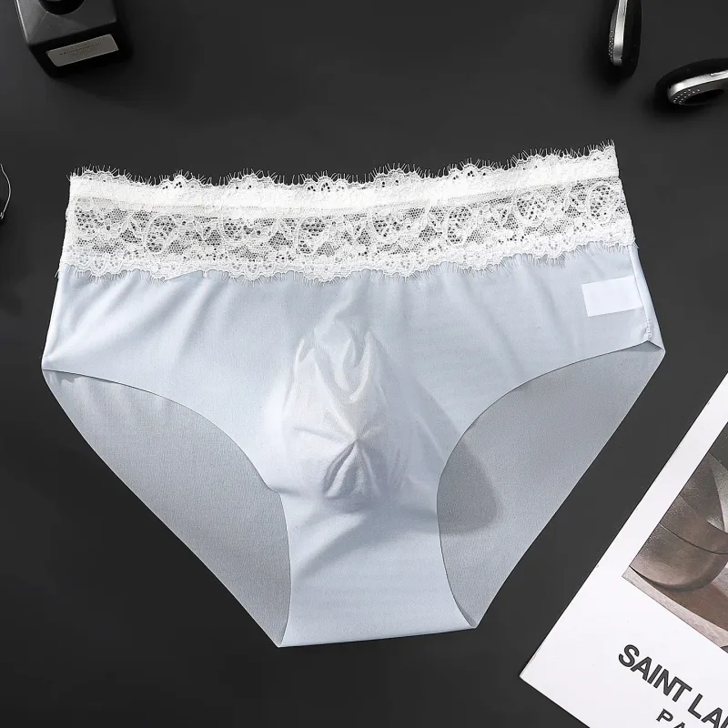 Pantaloni a triangolo da uomo in seta ghiacciata con bordo in pizzo, biancheria intima da uomo sottile traspirante senza tracce, slip maschili morbidi e confortevoli a vita bassa — image 6
