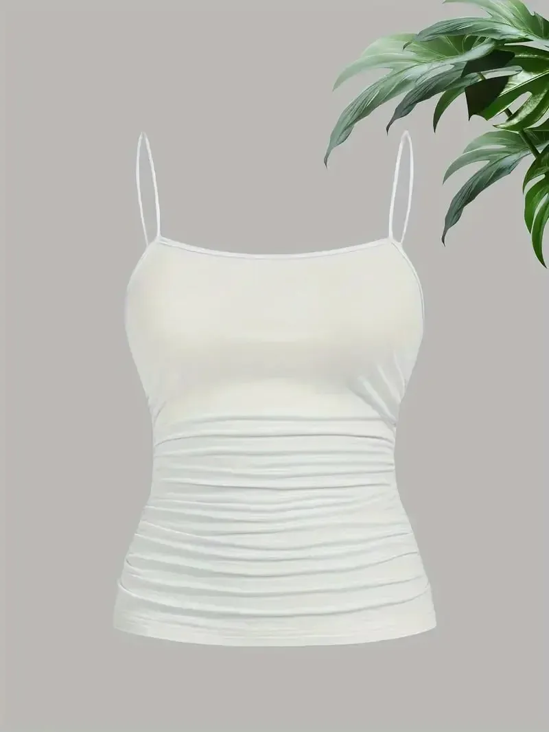 Γυναικείο Κομψό Λεπτό λουράκι Ruched Cami Top Slim Fit Αμάνικο Camisole Soft Stretch Βασικό γιλέκο τανκ Καλοκαιρινή μόδα Εσώρουχα Μαύρο — image 4
