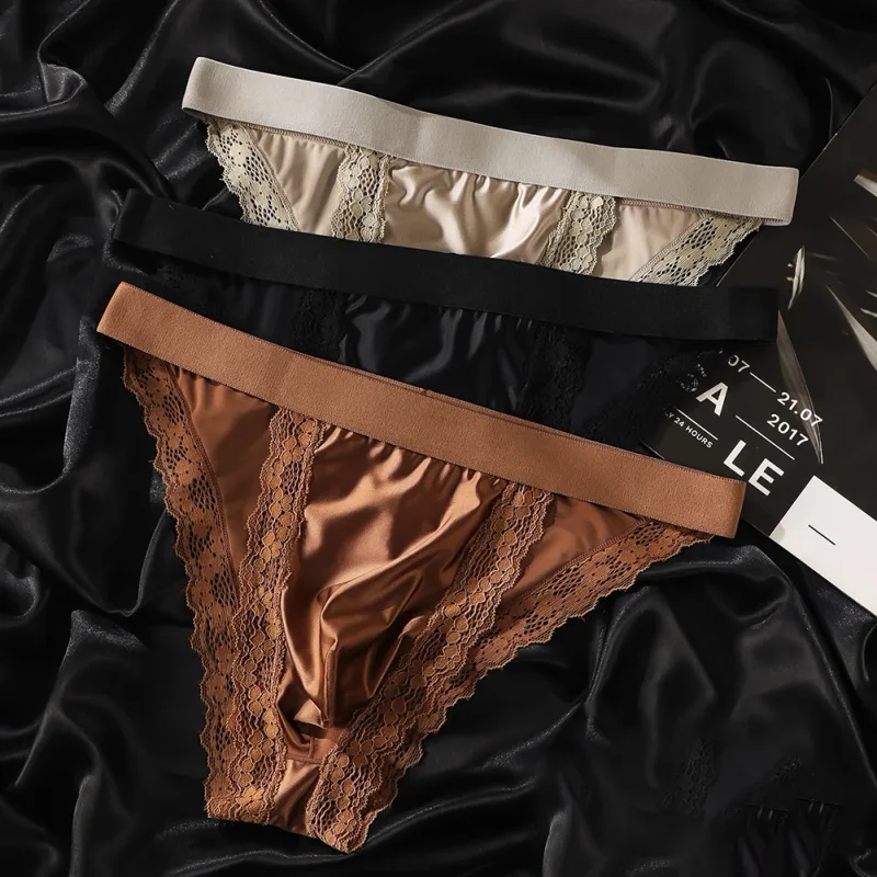 Satin-like Comfortable Men Panties Lace Trim Briefs Sexy High Fork Bikinis Underwear Breathable Low Waist Pouch