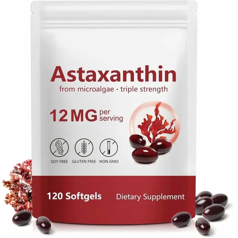 Astaxanthin 12mg Softgels תמיכה בנוגדי חמצון בעוצמה משולשת לעור מפרקי עיניים ובריאות החיסונית - אספקה ​​של 120 ספירות למשך 4 חודשים