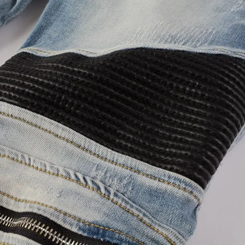 Sokotoo férfi PU bőr patchwork motoros farmer cipzárok Retro világoskék sztreccs farmer karcsú nadrágok