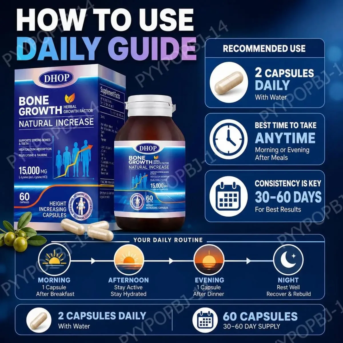 Bone Growth Natural Increase Capsules with L-Lysine Vitamin D3 Calcium & Zinc; Supports Strong Bones & Teeth 60 Capsules