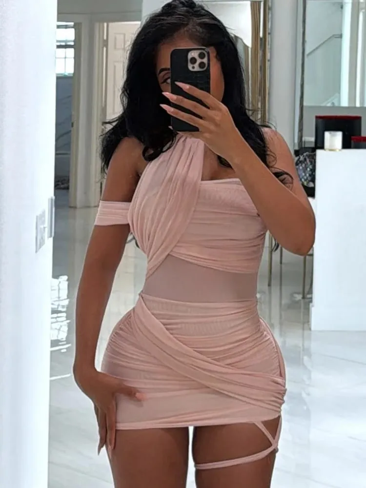 kliou Mesh צלב לא סדיר נשים מיני שמלת מוצק סקסי צוואר חתך ללא שרוולים חלול רזה Vestidos Mujer מסיבה מדהימה