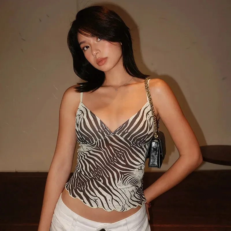Női nyári hálós Zebra Print V nyakú hálós Cami felsők