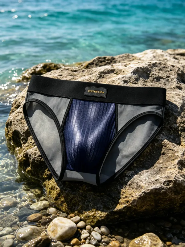 Mens Briefs Patchwork Sheer Mesh Vertical Stripe Gloss Pouch Low Waist Wide Elastic Waistband Breathable Male Underwear DP923