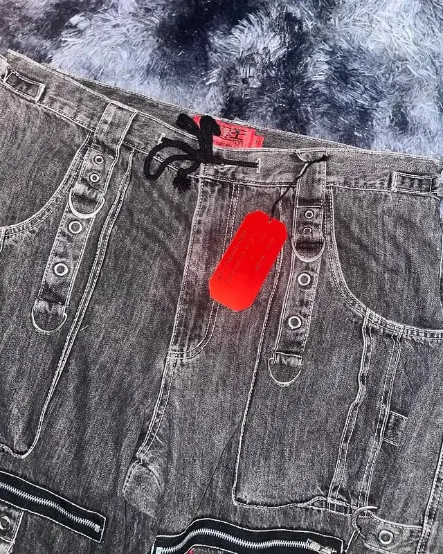 Férfi gótikus punk pántos farmer tehernadrág fekete több csatos táskás szabású utcai ruházat Divatos városi divat mosott vintage alkalmi farmernadrág — image 5