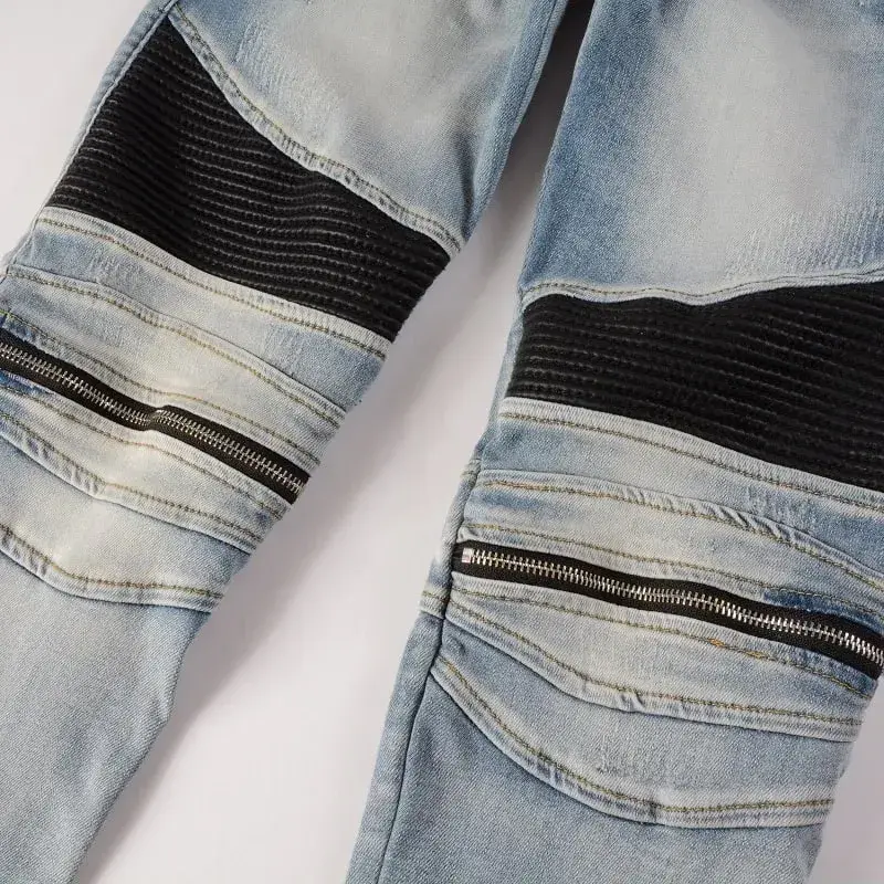 Sokotoo férfi PU bőr patchwork motoros farmer cipzárok Retro világoskék sztreccs farmer karcsú nadrágok