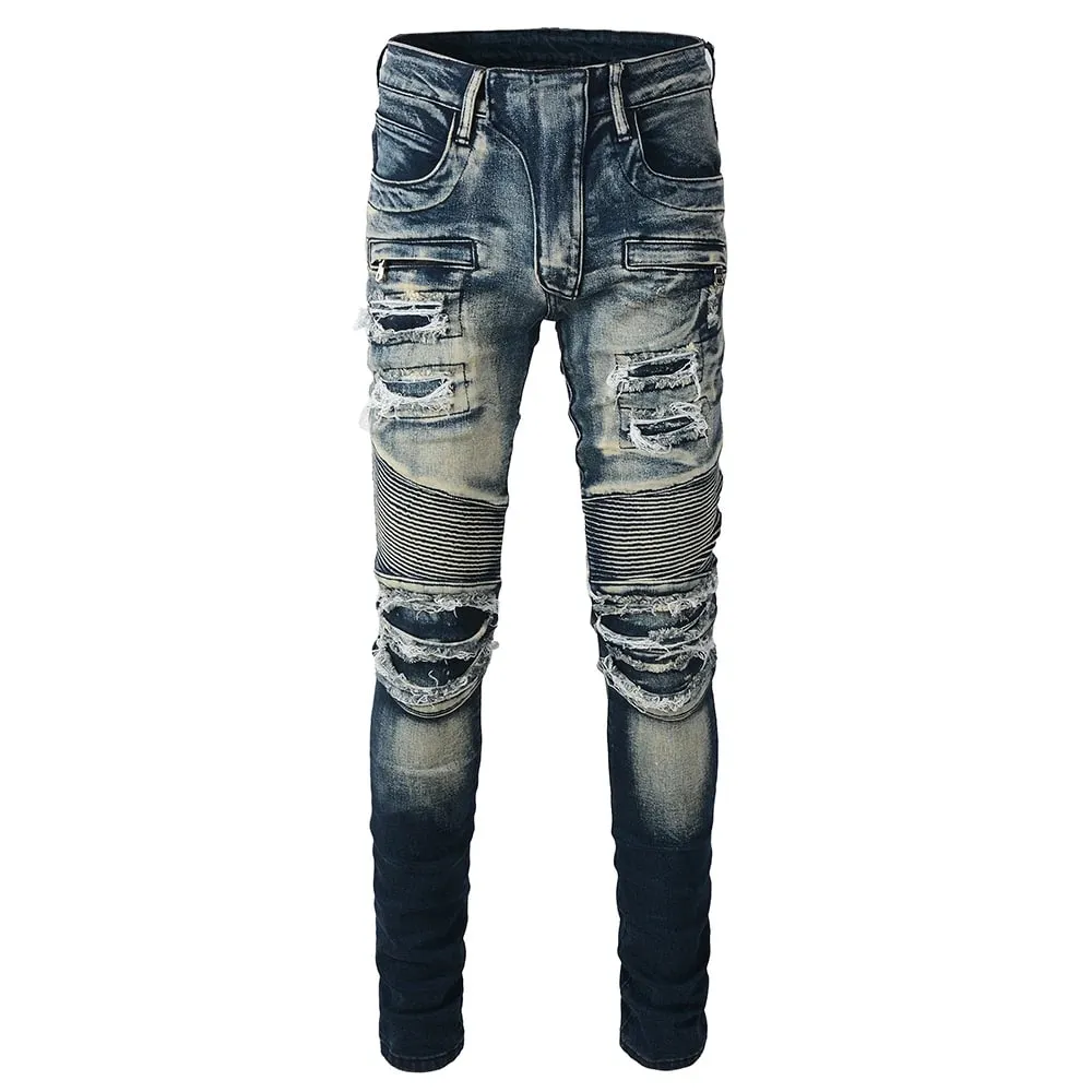 Férfi motoros farmernadrág motoros lyukakhoz Szakadt Distressed Patch Nadrág Stretch Farmer Pamut Vékony Egyenes nadrág Kiváló Minőség