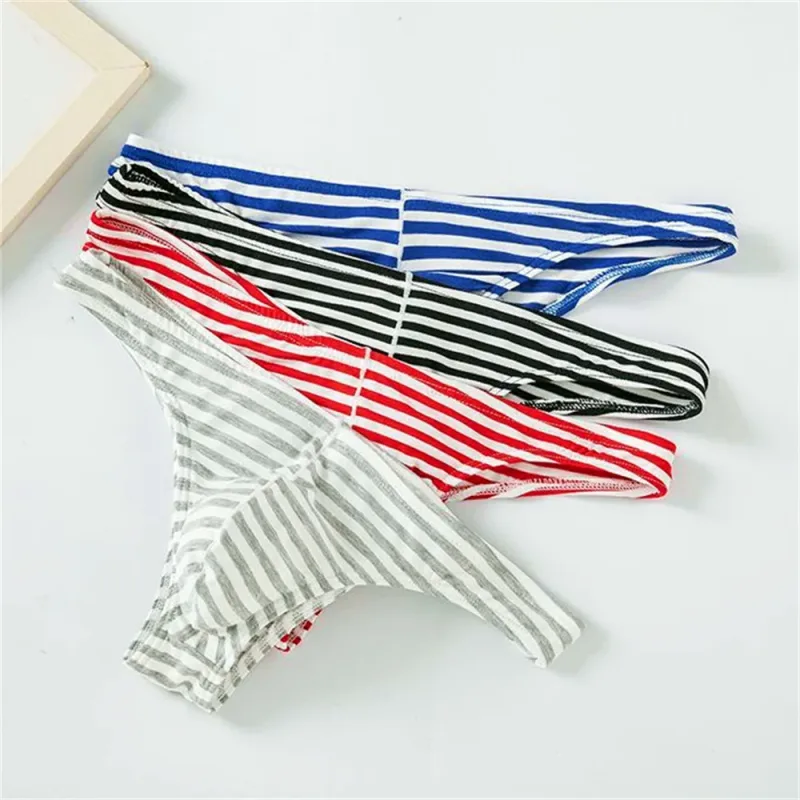 Europe Men's Striped Bikini Briefs Low Waist Sexy U Convex Underwear Male Half Covered Buttocks Tanga Panties Plus Size M-XXXL — image 9