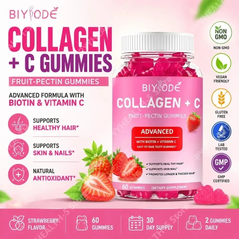 Collagen + C Fruit-Pectin Gummies with Vitamin C Natural Antioxidant Supports Healthy Hair and Skin & Nails 60 Gummies