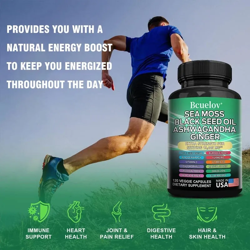 All in One Supplement with Sea Moss Black Seed Oil Ashwagandha Ginger Enhanced Immunity & Energy 120 Capsules