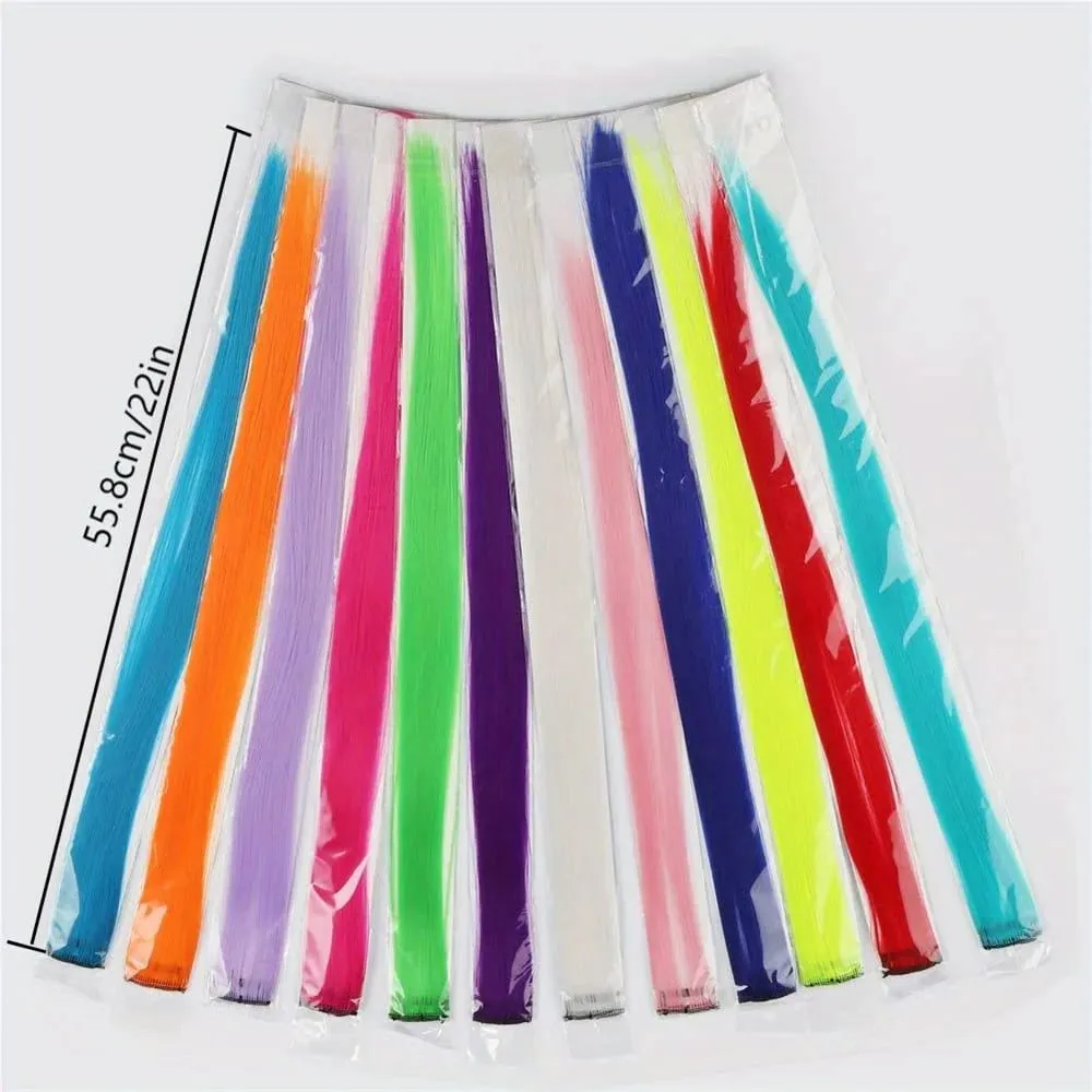 12pcs/pack Rainbow Colored 22 Inch Clip-in Hair Extensions Long Straight Synthetic Hairpieces for Women Girls Party Highlights — image 6