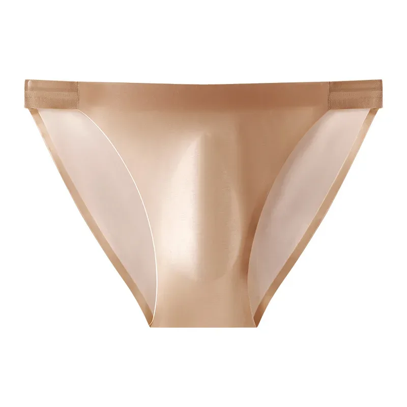 Satin Smooth Briefs Men Sexy Seemless Bulge Pouch Underwear High Stretch Thin Ice Silk Underpant Male Solid Mid Waist Panties