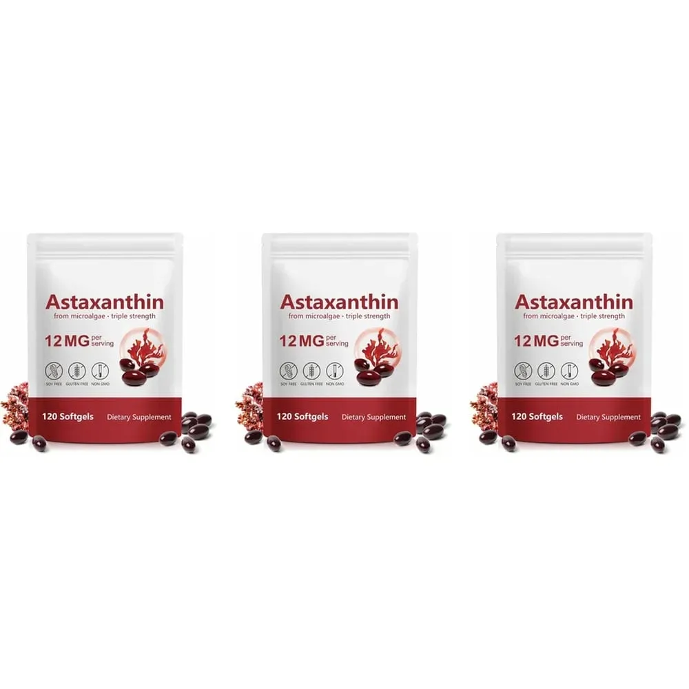 Astaxanthin 12mg Softgels תמיכה בנוגדי חמצון בעוצמה משולשת לעור מפרקי עיניים ובריאות החיסונית - אספקה ​​של 120 ספירות למשך 4 חודשים