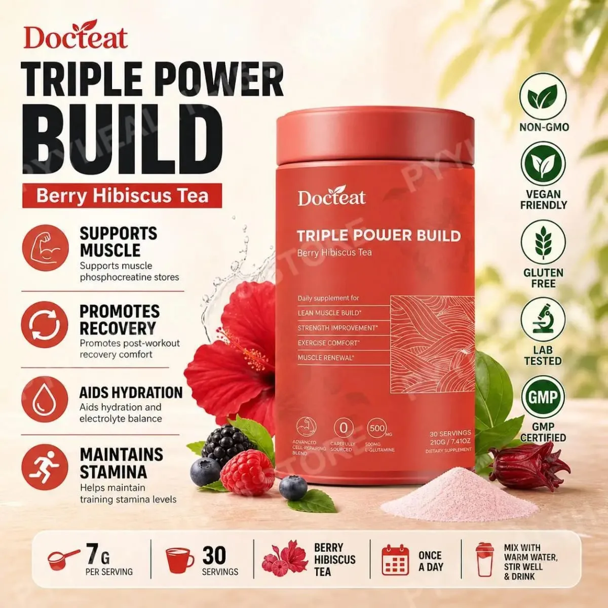 Docteat Creatine Monohydrate Powder with Creatine HCl L-Glutamine and Electrolytes for Muscle & Workout Support Berry Hibiscus — image 2