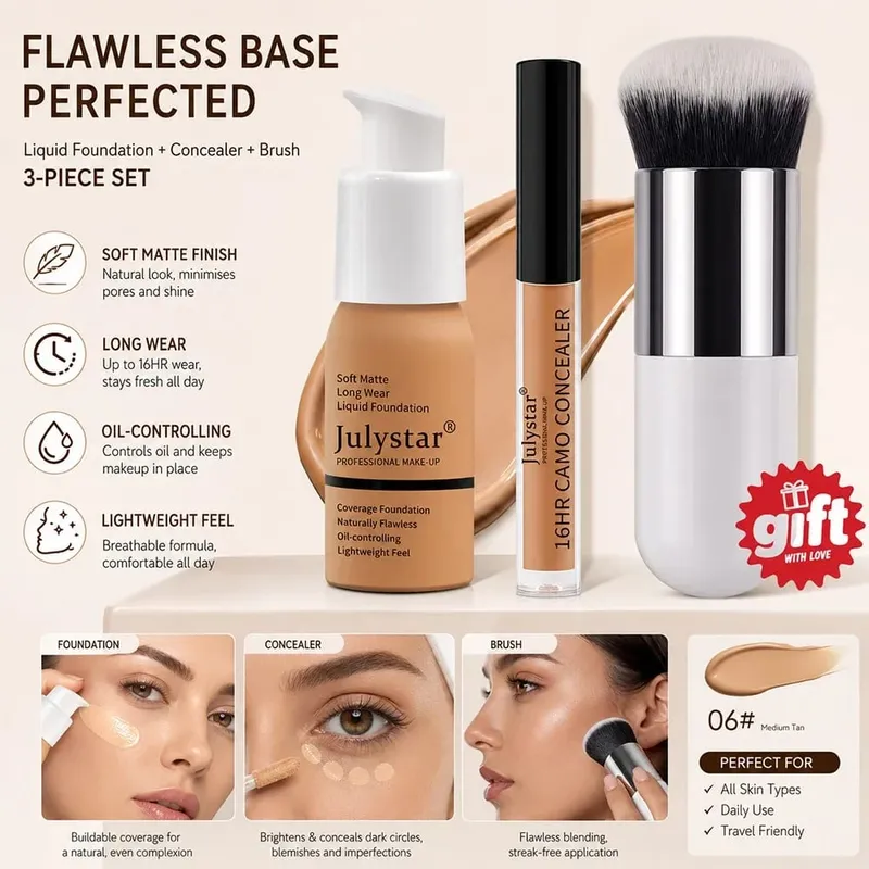 3‑Pc Base Makeup Kit Foundation&Concealer Free Brush. Matte 16H Oil‑Control Lightweight Full-Coverage para sa Natural na Pang-araw-araw na Mukha