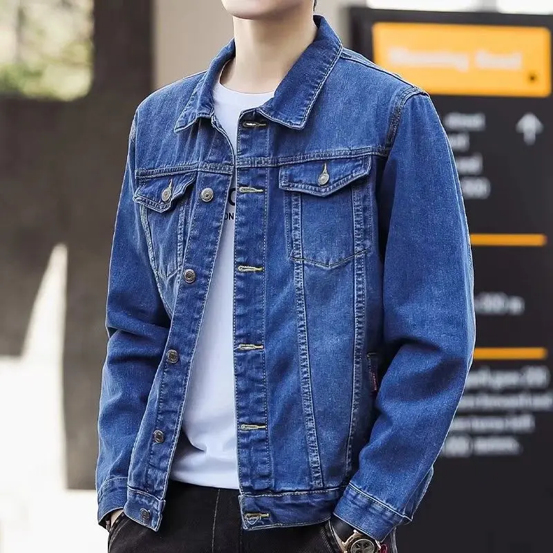 Spring Autumn Men Denim Jackets Casual Solid Color Lapel Single Breasted Jeans Jacket Men Slim Fit Cotton Outwear Jackets