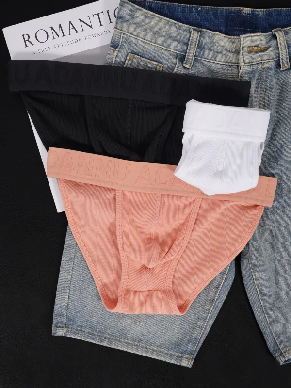 Men's Cotton Ribbed Skin-Friendly Bare Feel Convex Pouch Briefs, Embossed Letter Wide Waistband Slim Fit Underwear