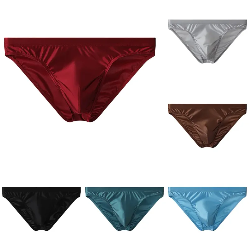 Luxury Brown Satin Men's Bikini Briefs High Elastic Waistband Smooth Shiny Underpants With 3D Contour Pouch Breathable Intimates