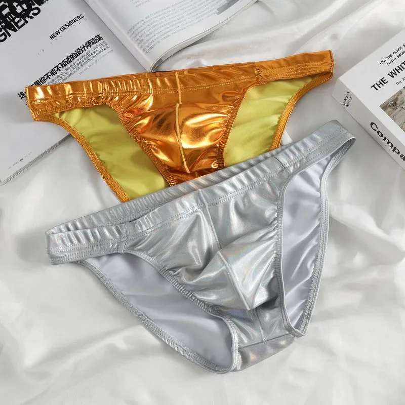 Metallic Shiny Briefs Men Low Rise High Stretch Slim Panties Laser Silver Gold U Convex Underpant Night Club Performance Knicker