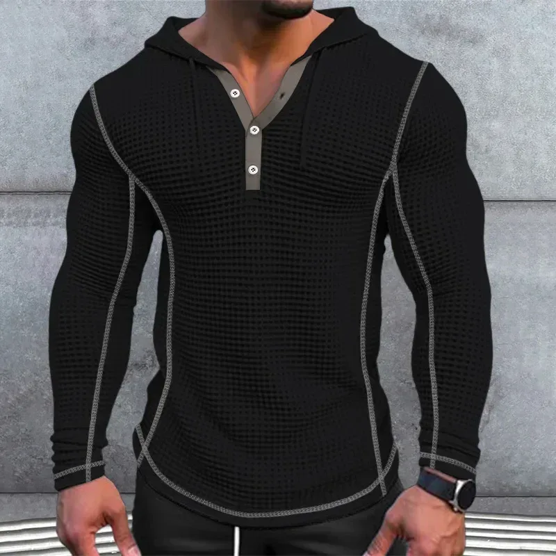 Waffle Solid Fabric Slim Fit Hoodies Men V-neck Button Casual Sweatshirts Hip Hop Street Sweater Men's Sports Tops Long Sleeve — image 2