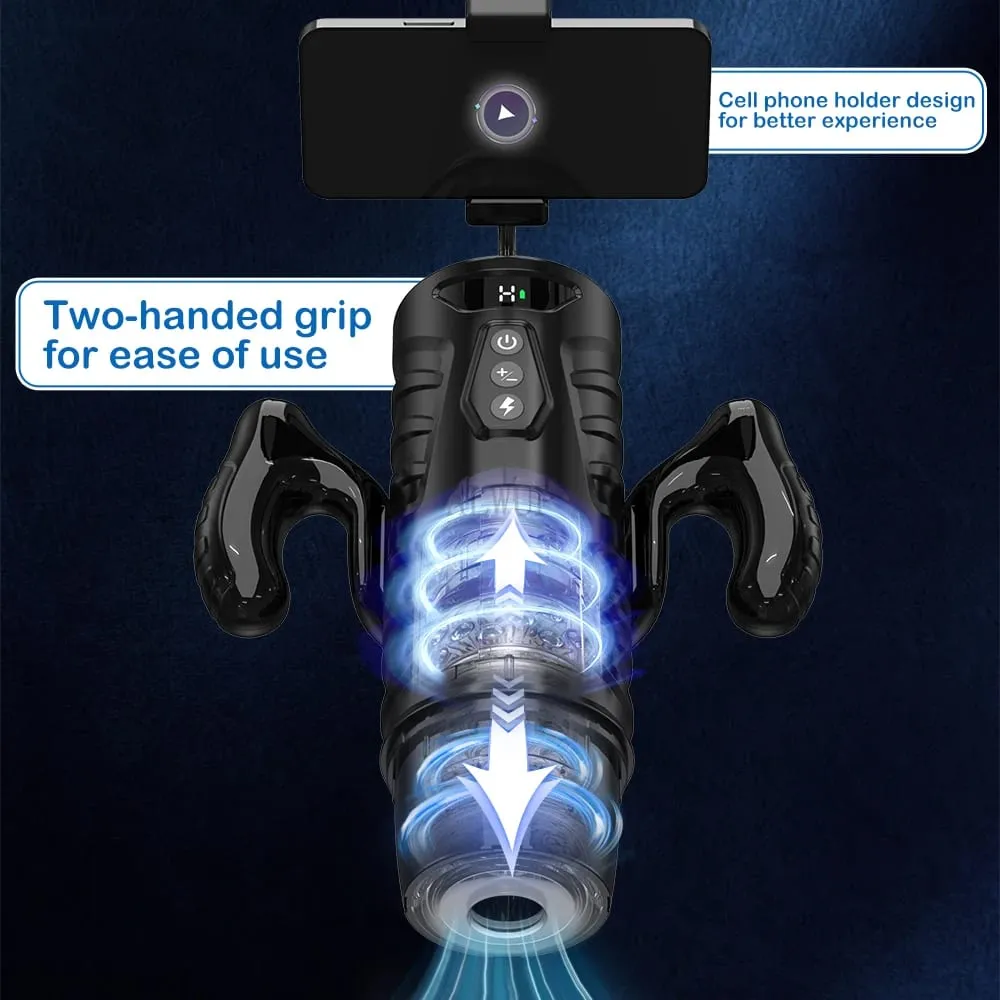 Τηλεσκοπικό ανδρικό αυτόματο κύπελλο αυνανισμού για άνδρες 7 περιστρεφόμενες λειτουργίες ώθησης αντλία πέους εμβολοφόρο μηχάνημα σεξουαλικής πίπας