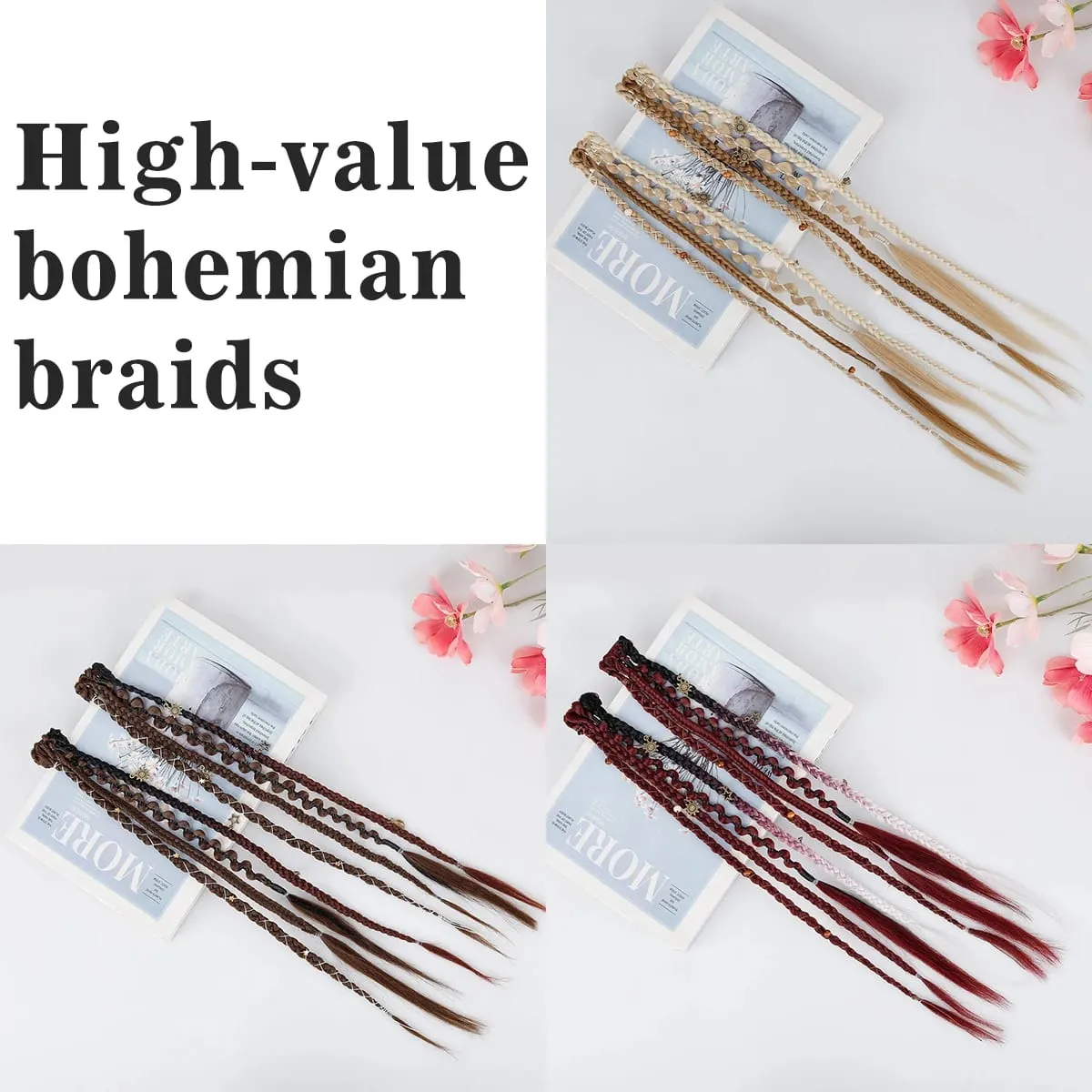 Boho Ombre Μπορντό πλεκτό Extensions Ponytail Hair Extensions Συνθετικές πλεξούδες με Bohemian Viking Hair Pieces for Women Carnival Party — image 4