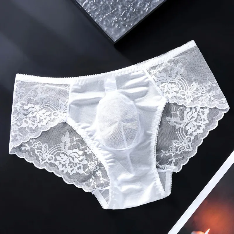 1pc Men Lace Seamless Ice Silk Briefs Ultra-thin Underwear 3D Bulge Pouch Low Waist Gay Panties Breathable High Elastic Lingerie