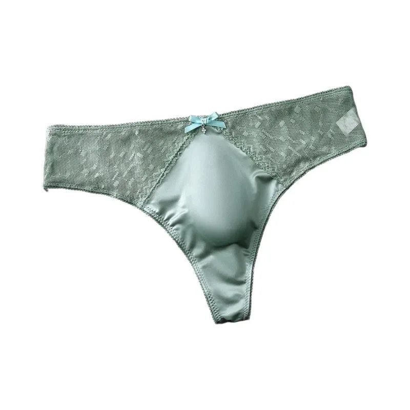 Men's Thong Underwear Made of 81.7% Polyester 18.3% Spandex Ice Silk Blend with Lace Trim and 3D Bulge Pouch Solid G String