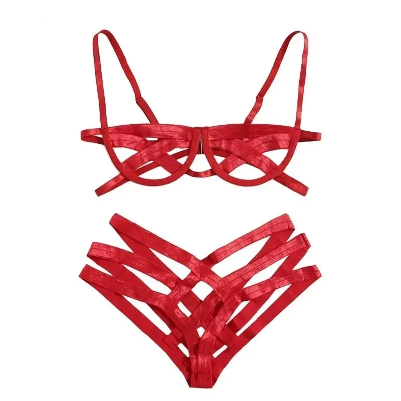 Σετ εσωρούχων Bondage Harness Γυναικεία Elastic Hollow Out Σετ σουτιέν Μαύρο στρινγκ με κλουβί, Σέξι Intimates Εξωτικά Εσώρουχα