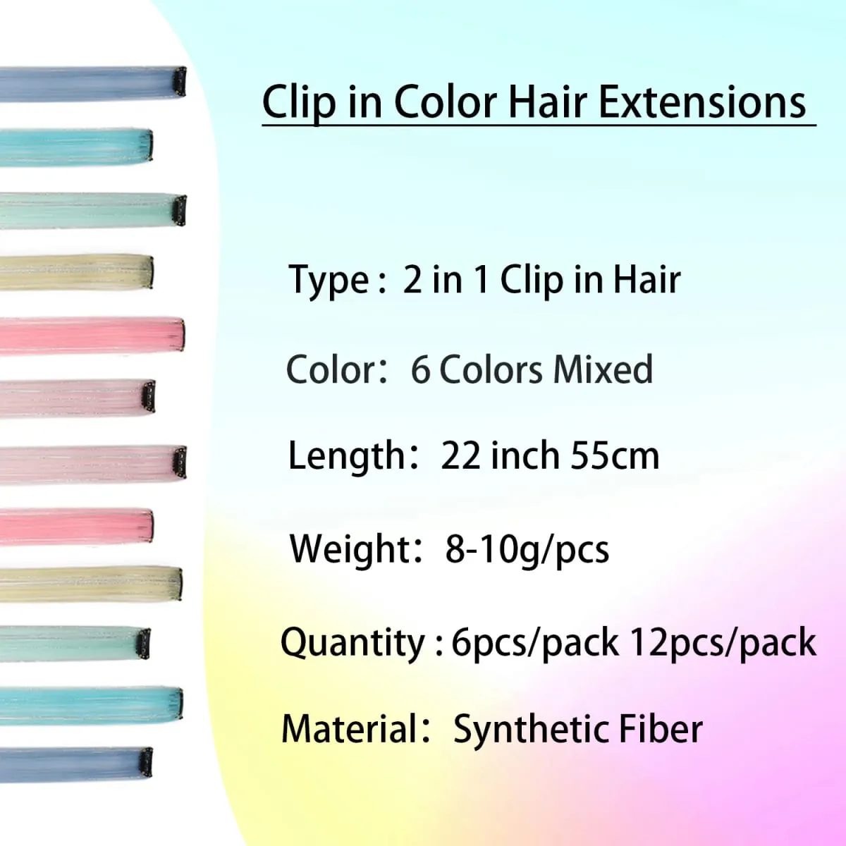 Multicolor Clip in Hair Extensions Mix talmi Színes hajhosszabbítás 2 az 1-ben szivárványos haj ezüst talmákkal gyerekeknek, lányoknak